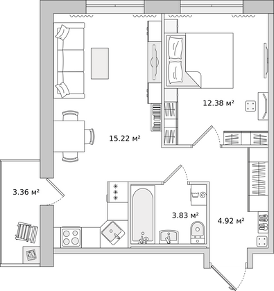 43,1 м², 1-комн. квартира, 4/16 этаж