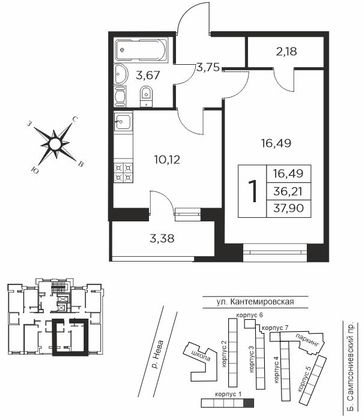 36,2 м², 1-комн. квартира, 2/12 этаж