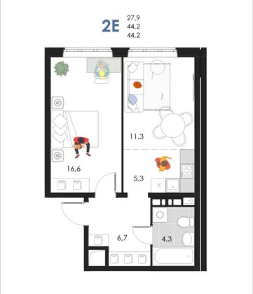 44,2 м², 2-комн. квартира, 2/6 этаж