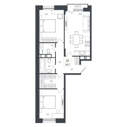 60,4 м², 2-комн. квартира, 5/8 этаж