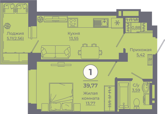 Продажа 1-комнатной квартиры 39,5 м², 14/24 этаж