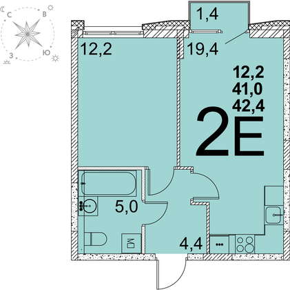 41,4 м², 1-комн. квартира, 9 этаж