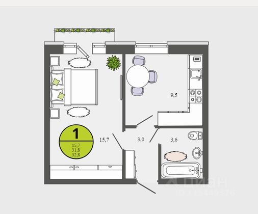 Продажа 1-комнатной квартиры 31,8 м², 3/3 этаж