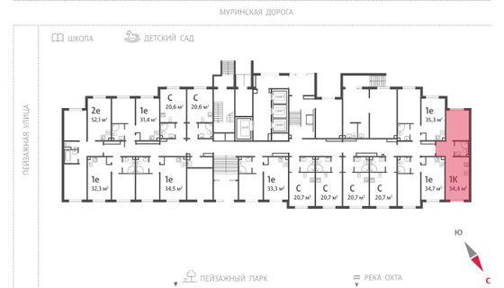 34,4 м², 1-комн. квартира, 1/22 этаж