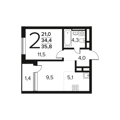 35,8 м², 2-комн. квартира, 8/11 этаж