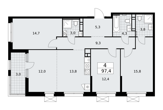 97,4 м², своб. планировка, 16/17 этаж