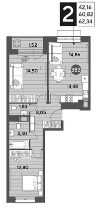 Продажа 2-комнатной квартиры 62,3 м², 2/15 этаж