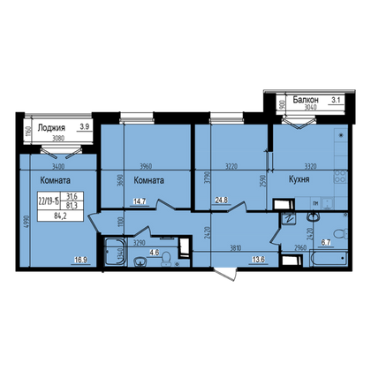 84,2 м², 2-комн. квартира, 15/23 этаж