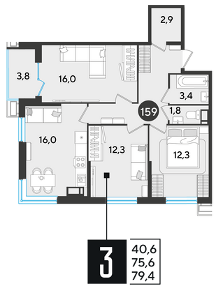 Продажа 3-комнатной квартиры 79,4 м², 11/18 этаж