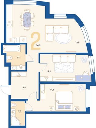 Продажа 2-комнатной квартиры 76,2 м², 1/18 этаж