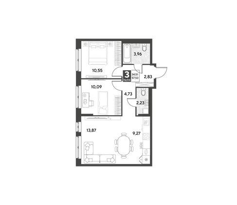 Продажа 3-комнатной квартиры 57,5 м², 13/25 этаж