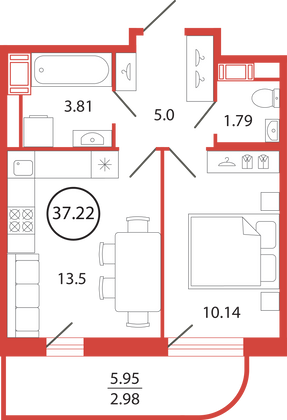 Продажа 1-комнатной квартиры 37,2 м², 2/12 этаж