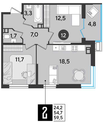 Продажа 2-комнатной квартиры 59,5 м², 3/9 этаж