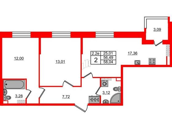 Продажа 2-комнатной квартиры 56,5 м², 5/5 этаж