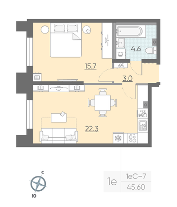 Продажа 1-комнатной квартиры 45,6 м², 2/23 этаж