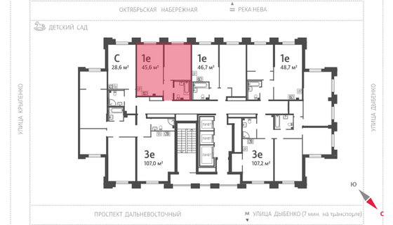 45,6 м², 1-комн. квартира, 2/23 этаж