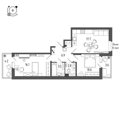 61,5 м², 2-комн. квартира, 1/12 этаж