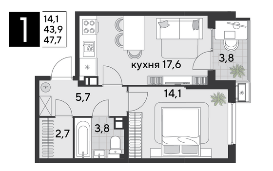 Продажа 1-комнатной квартиры 47,7 м², 3/9 этаж