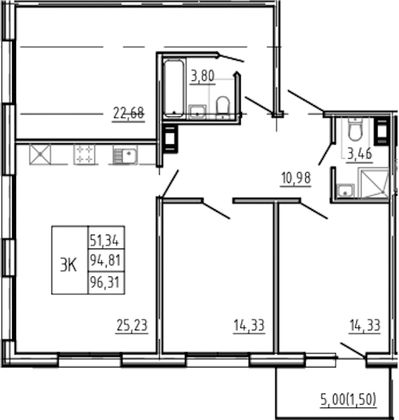 96,3 м², 3-комн. квартира, 2/5 этаж