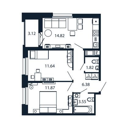Продажа 2-комнатной квартиры 51,6 м², 8/12 этаж
