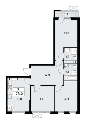 73 м², своб. планировка, 12/13 этаж