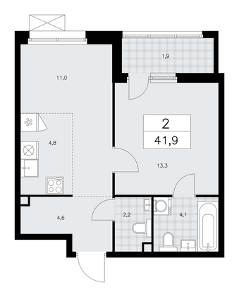 41,9 м², своб. планировка, 2/12 этаж