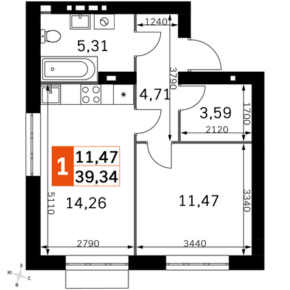 39,3 м², 1-комн. квартира, 2/4 этаж