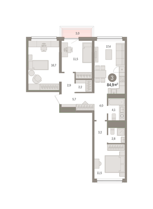 84,9 м², 3-комн. квартира, 6/8 этаж