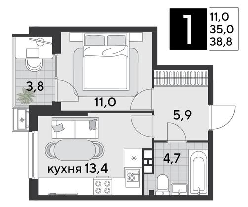 Продажа 1-комнатной квартиры 38,8 м², 6/18 этаж