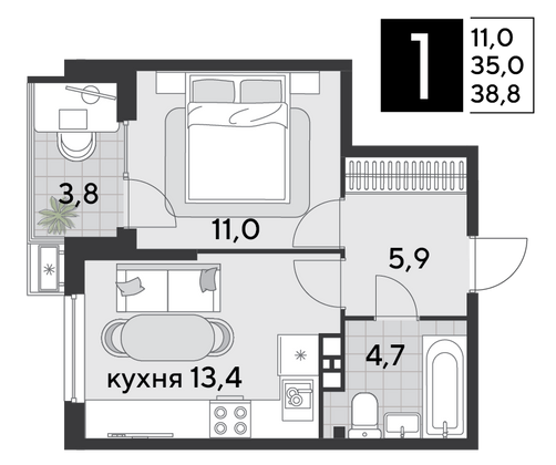 38,8 м², 1-комн. квартира, 7/18 этаж