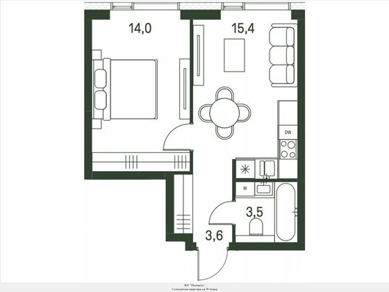 36,5 м², 1-комн. квартира, 19/30 этаж