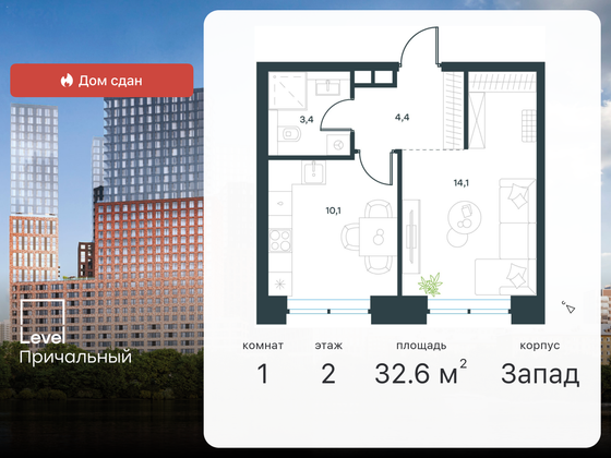 32,6 м², 1-комн. квартира, 2/32 этаж