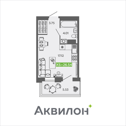 26,5 м², студия, 8/9 этаж