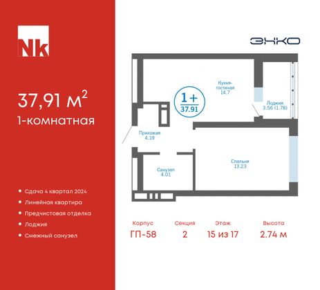 37,9 м², 1-комн. квартира, 15/17 этаж