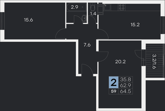 64,5 м², 2-комн. квартира, 2/9 этаж