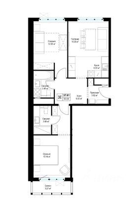 Продажа 2-комнатной квартиры 62,1 м², 10/16 этаж