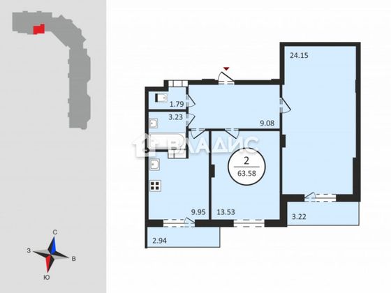 Продажа 2-комнатной квартиры 63,6 м², 5/12 этаж