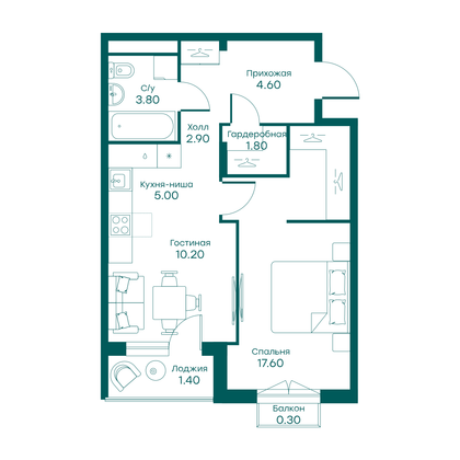 44,6 м², 2-комн. квартира, 4/6 этаж