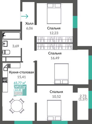 65,8 м², 3-комн. квартира, 3/17 этаж