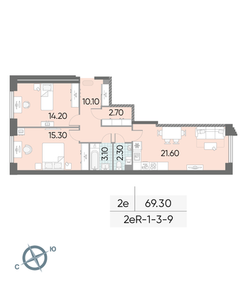 Продажа 2-комнатной квартиры 69,3 м², 9/58 этаж