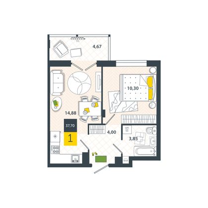 Продажа 1-комнатной квартиры 37,7 м², 3/8 этаж