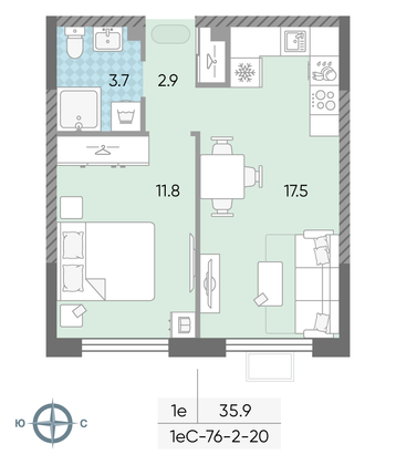 Продажа 1-комнатной квартиры 35,9 м², 20/24 этаж