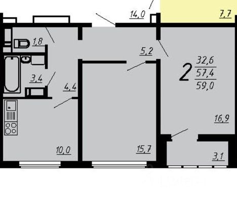 Продажа 2-комнатной квартиры 58,6 м², 5/20 этаж