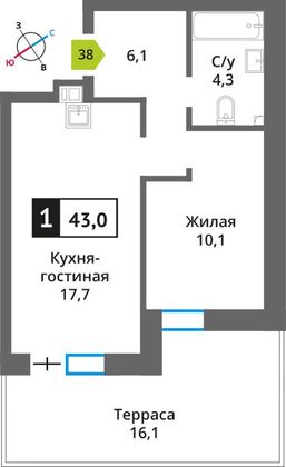 Продажа 1-комнатной квартиры 43 м², 1/6 этаж