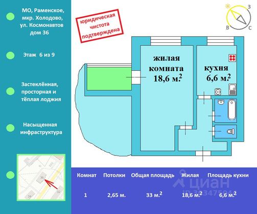 Продажа 1-комнатной квартиры 32,4 м², 6/9 этаж