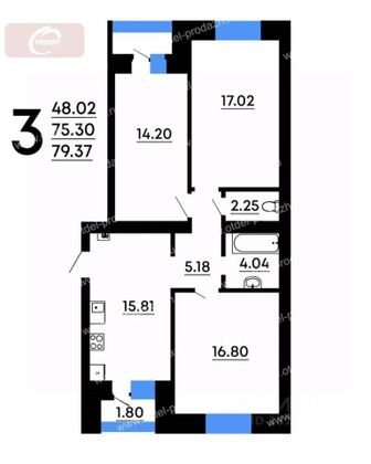 Продажа 3-комнатной квартиры 79,4 м², 1/3 этаж