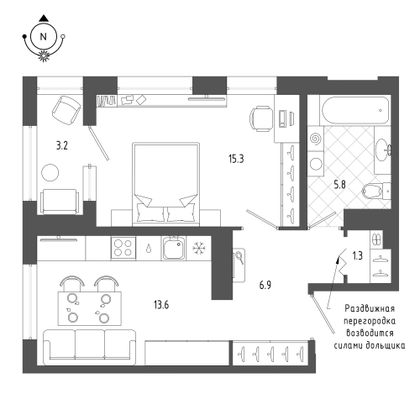 44,3 м², 1-комн. квартира, 8/18 этаж