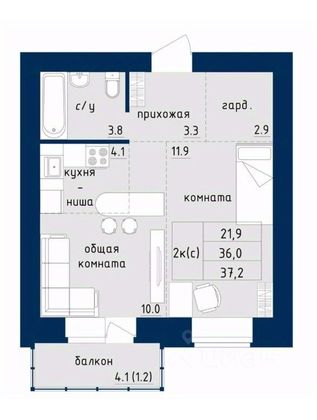 Продажа 1-комнатной квартиры 37,2 м², 7/10 этаж
