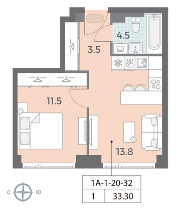 Продажа 1-комнатной квартиры 33,3 м², 21/52 этаж
