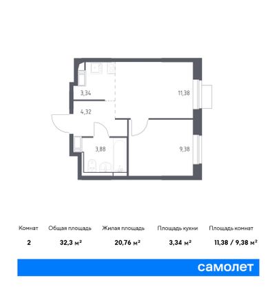 32,3 м², 1-комн. квартира, 6/12 этаж